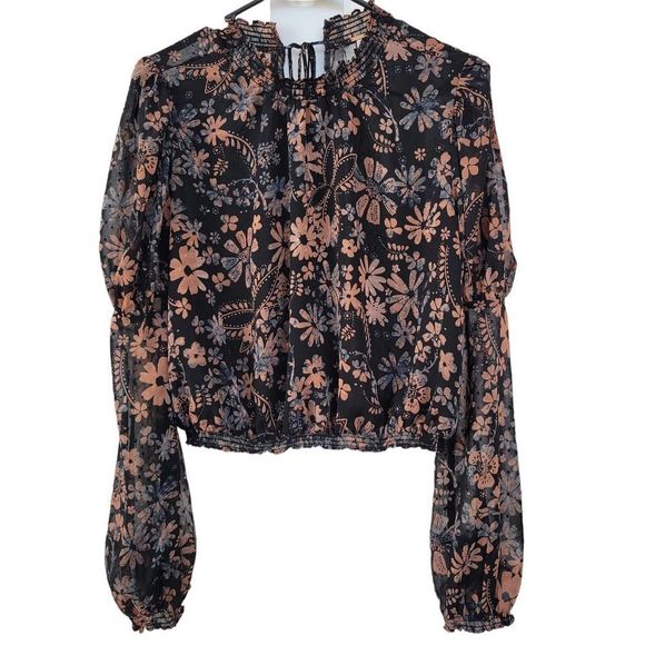 Free People Clarissa Printed Top in Midnight Long Sleeve High Neck Top XS EUC - Picture 2 of 8